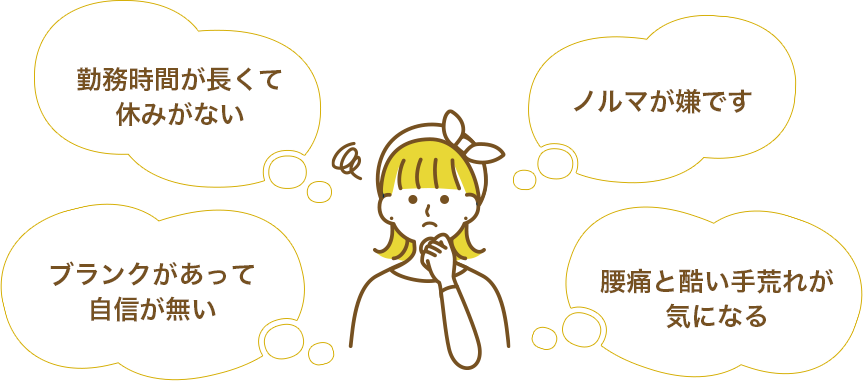 勤務時間が長くて休みがない。ブランクがあって自信が無い。ノルマが嫌です。腰痛と酷い手荒れが気になる。